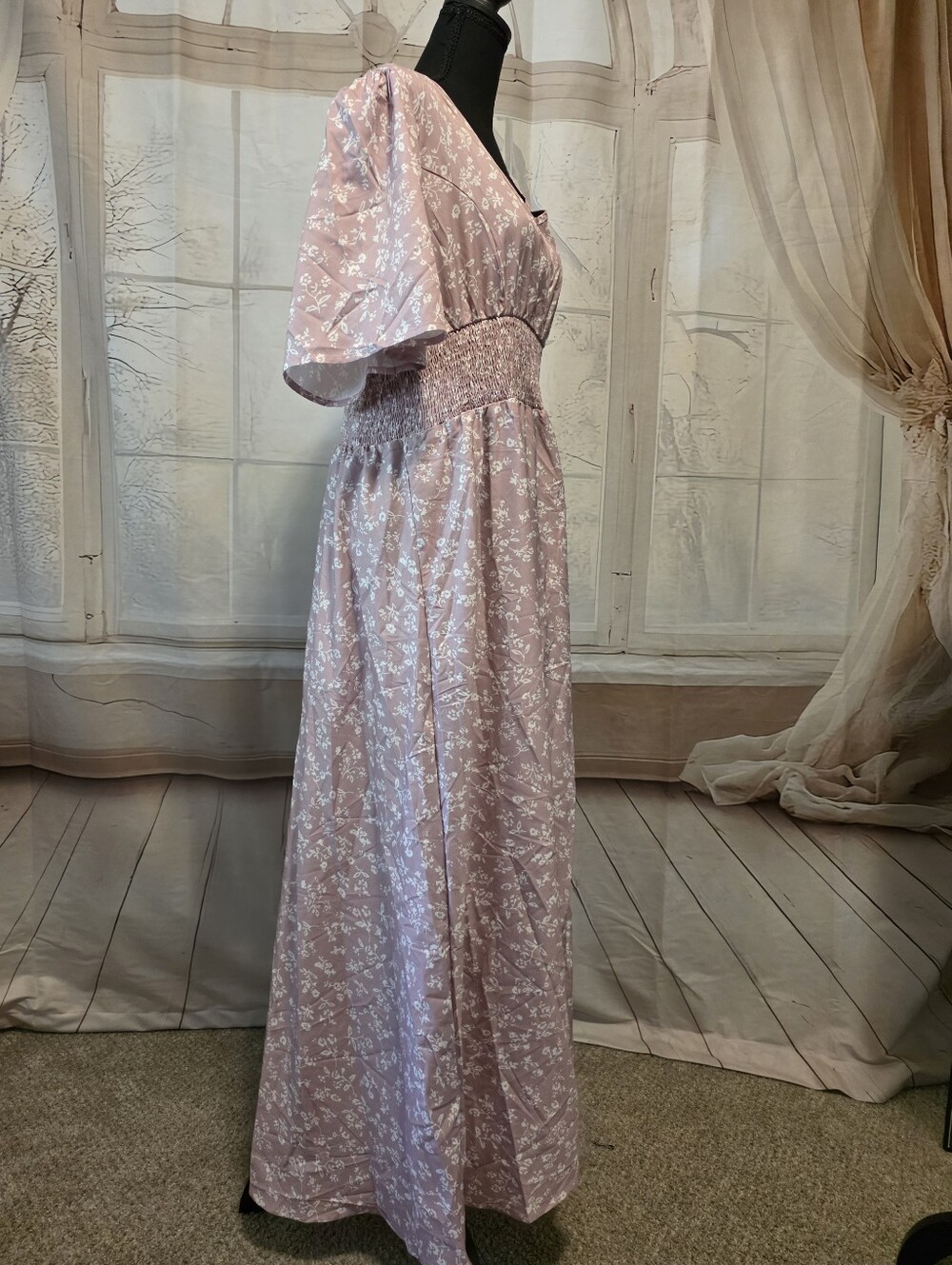 Women's Pink Floral Maxi Dress with Smocked Waist - Picture 2 of 6